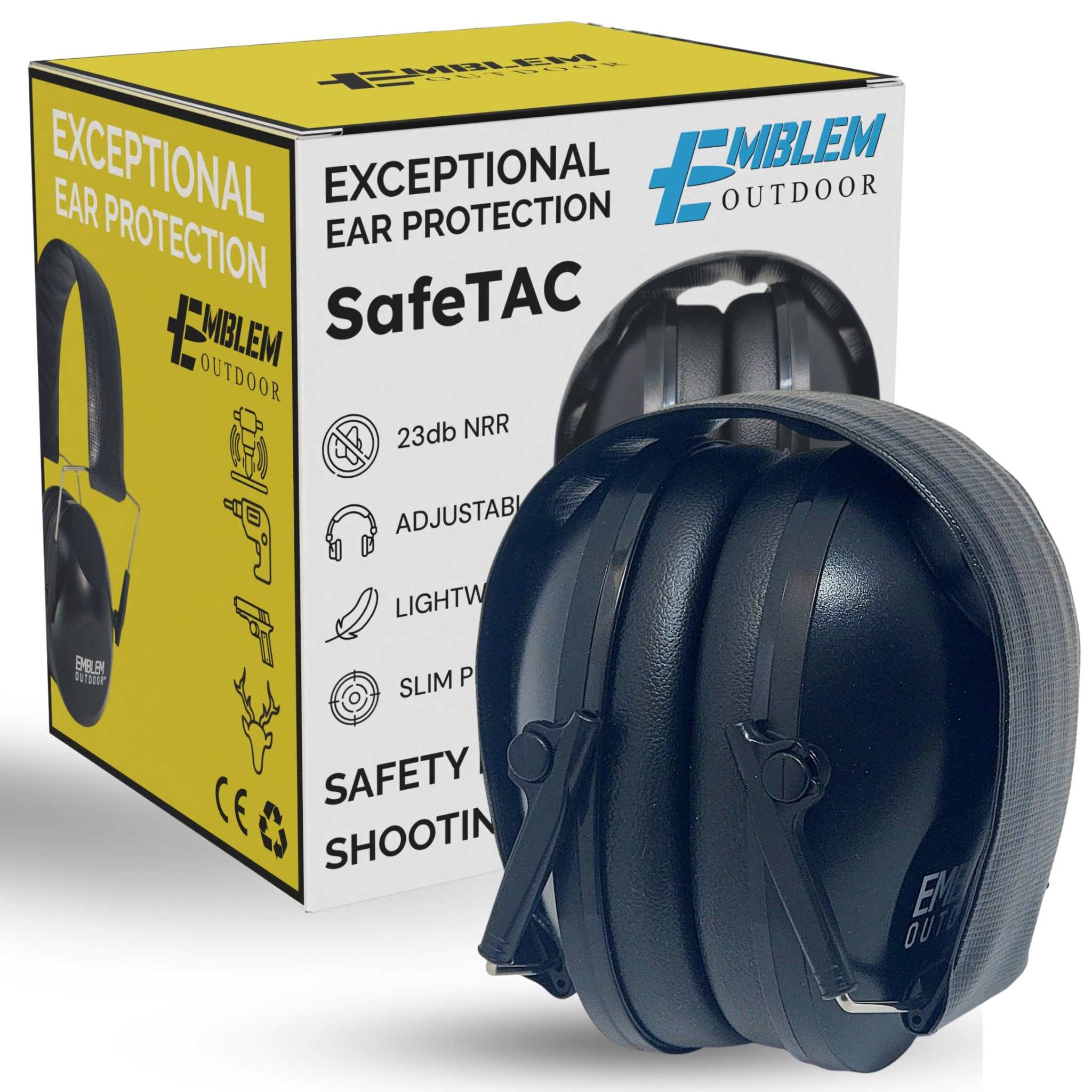 SafeTAC Safety EarmuffsSafeTAC Safety Earmuffs for shooting and Industrial use.EFFECTIVE NOISE REDUCTION - Emblem Outdoor’s SafeTac earmuffs are constructed with professional-grade noise reduction foam and a durable ABS shell. Certified by ANSIHearing Protection